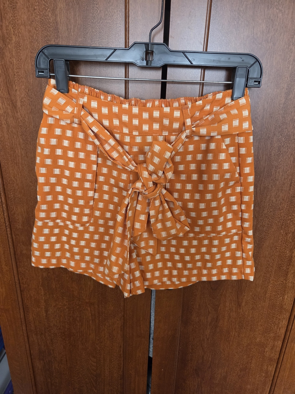 A New Day Patterned Orange/Mustard Paperbag Tie-Front Shorts